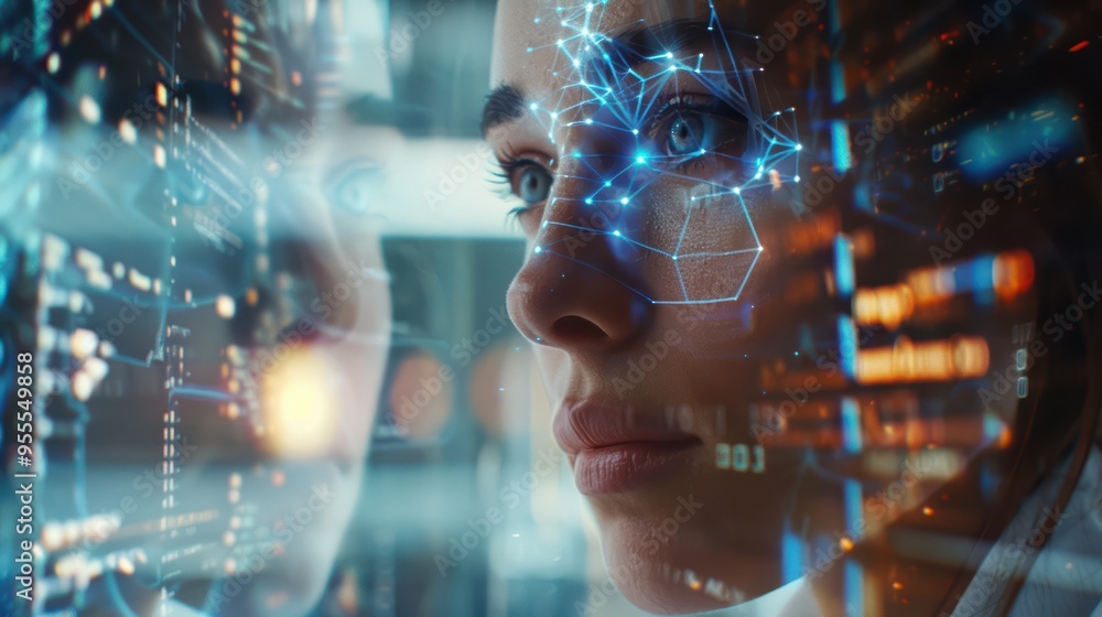 Poster a close-up view of a person's face showing digital interface elements, symbolizing advanced technolo