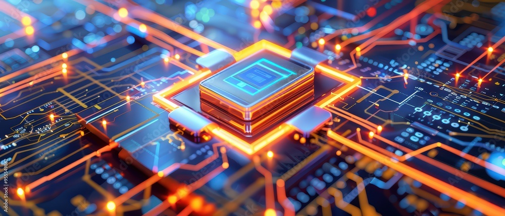 Poster a close-up view of a modern microchip surrounded by intricate circuitry and glowing lights, showcasi