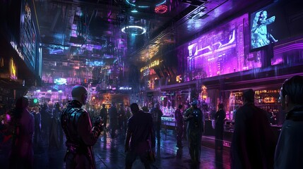 Obraz premium Futuristic Halloween Festivities in a Dystopian Nightclub with Biomechanical Costumed Revelers