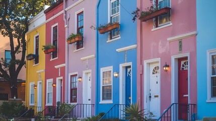 Naklejka premium Colorful stucco finish traditional private townhouses of various pastel shades of blue, pink, yellow, green and colorful railings and doors.