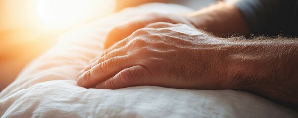 Fototapeta premium Close-up shot of a man's hand resting gently on a soft pillow, capturing peace and comfort in a calm setting
