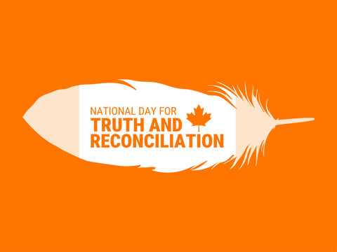 A white feather on an orange background with the words, National Day for Truth and Reconciliation, Vector illustration.