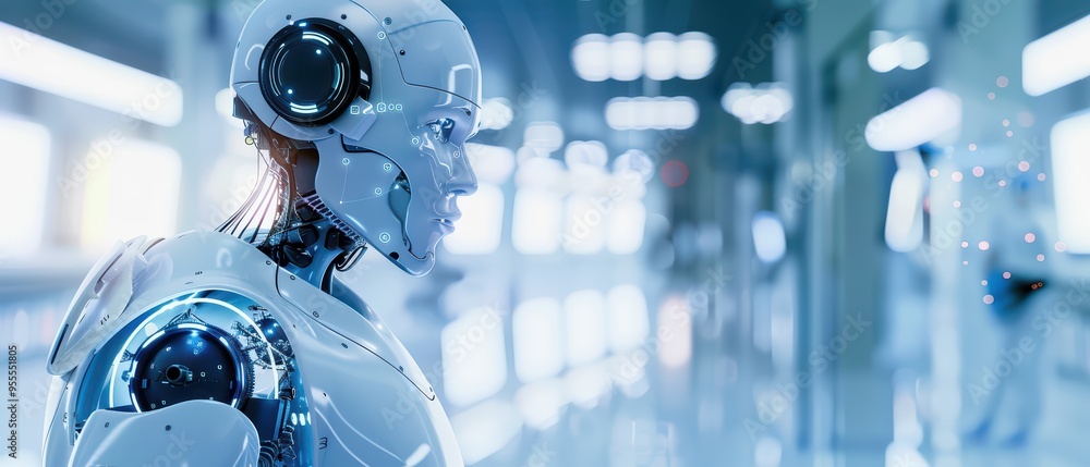 Poster a futuristic robot stands in a high-tech environment, symbolizing advancements in artificial intelli