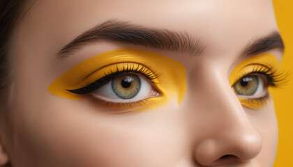 Naklejka premium Close-up portrait visage femme beauté maquillage jaune yeux regard.