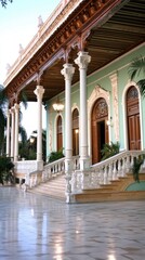 Fototapeta premium The colonial architecture of a beautiful building in stands out at sunset, surrounded by elegant street lamps casting a warm glow against the evening sky