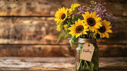 A rustic mix of sunflowers and wildflowers in a mason jar, with a handwritten birthday tag attached, set against a warm, golden background