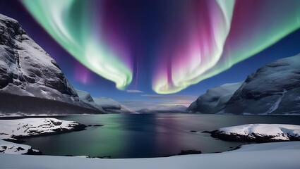 Fototapeta premium Experience the breathtaking beauty of Norway with this stunning image of the Northern Lights over a snow-covered fjord.