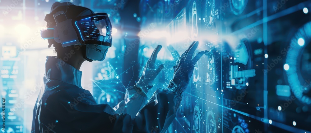 Poster a person using virtual reality technology to interact with a digital interface, showcasing innovatio