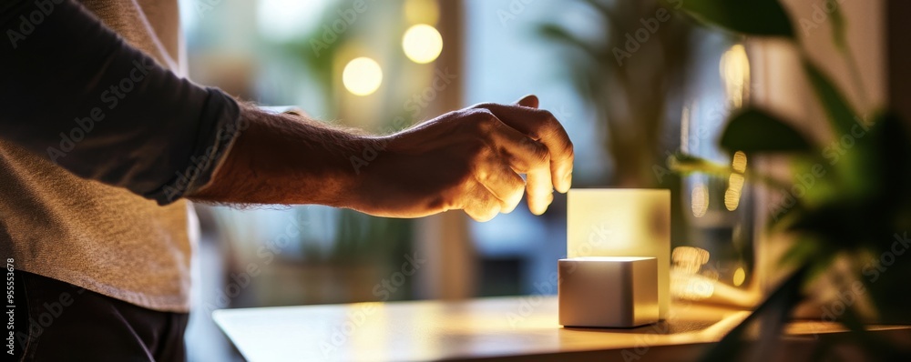 Poster macro shot of a man's hands setting up a smart home device in a cozy indoor setting with warm ambien