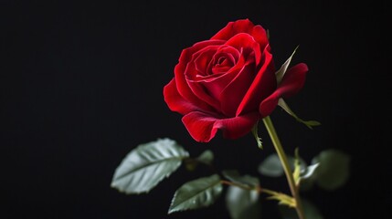 Naklejka premium A solitary red rose with subtle green leaves, beautifully contrasted on a jet-black background
