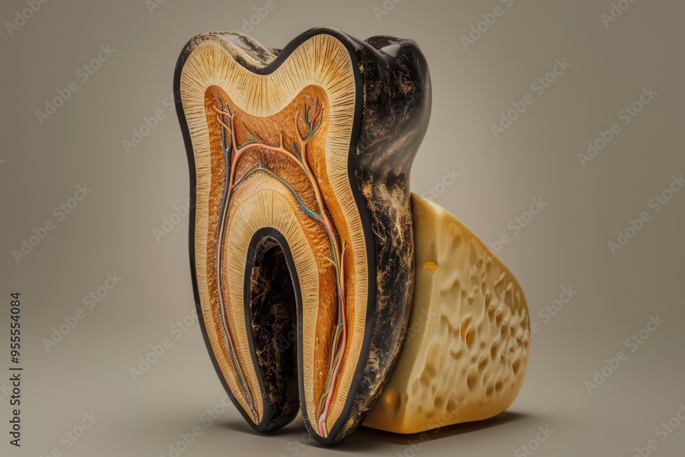 Poster an artistic representation of a tooth, highlighting its internal structure with clear details of the