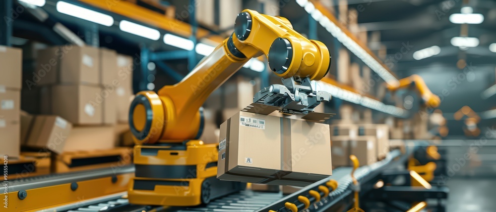 Aufkleber a robotic arm efficiently handling packages in a modern warehouse, showcasing automation and advance