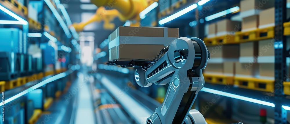Aufkleber a robotic arm in a modern warehouse setting efficiently handling packages for streamlined logistics 