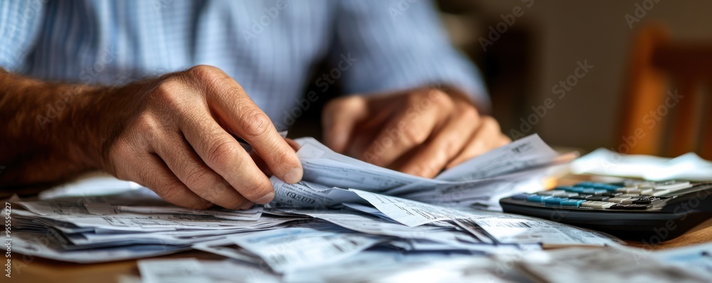 Aufkleber close-up macro shot of a man sorting through a stack of receipts with hands, emphasizing personal fi