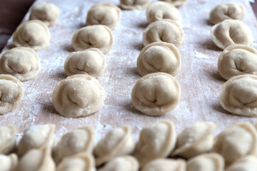 The raw dumplings were placed on a wooden cooking board, sprinkled with flour. The filling is minced meat, potatoes, cheese or cottage cheese. A semi-finished product, ready for cooking.