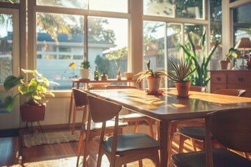 Fototapeta premium A sunlit dining area featuring wooden furniture and vibrant plants, showcasing a cozy and inviting atmosphere.