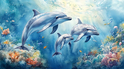 Fototapeta premium Underwater Dolphin Family - A serene underwater scene featuring a family of dolphins swimming gracefully through clear blue waters, surrounded by colorful coral reefs and schools of vibrant fish. 