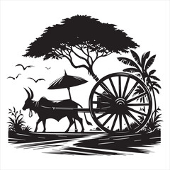 Fototapeta premium bullock cart wheel silhouette vector With White Background 