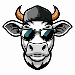 Vector Art Cow Head with Cap and Sunglasses in Black & White