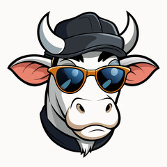 Vector Art Cow Head with Cap and Sunglasses in Black & White