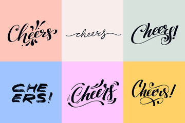 Cheers lettering black text banner set. Hand lettering text. Design template for greeting cards, invitations, prints and posters, banners, gifts. Vector calligraphic inscription. Collection Cheers!