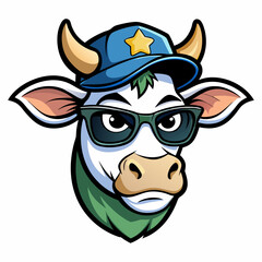Vector Art Cow Head with Cap and Sunglasses in Black & White