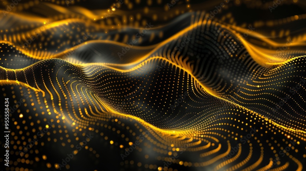 Poster abstract golden wave patterns flow smoothly across a dark background. the image showcases the beauty