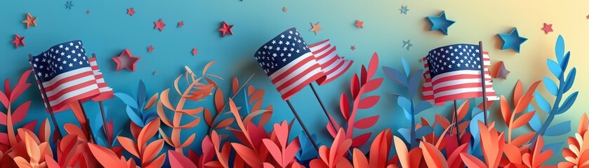 Creative and colorful paper art of an Independence Day parade featuring American flags