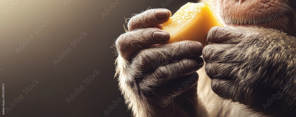 Poster macro shot of a monkey's hand holding a piece of fruit, highlighting texture and detail. captures th