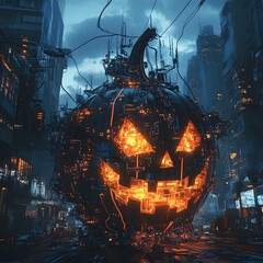 Fototapeta premium Towering Jack o Lantern Casts Eerie Glow Over Derelict Cityscape