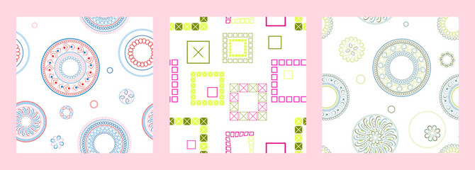 Fototapeta premium Seamless pattern of geometric shapes. Bright seamless pattern. Set of 3 patterns. Design for fabric, wallpaper, wrapping paper. Vector