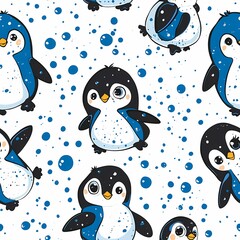 Fototapeta premium Cute cartoon penguins with blue accents on a white background.