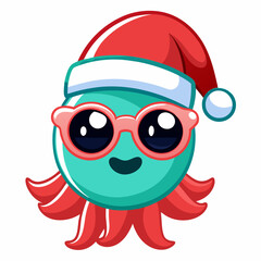 Vector Art Funny Cartoon Christmas Baby Octopus in Santa Hat and Sunglasses, Clipart on White Background