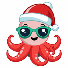 Vector Art Funny Cartoon Christmas Baby Octopus in Santa Hat and Sunglasses, Clipart on White Background