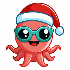 Vector Art Funny Cartoon Christmas Baby Octopus in Santa Hat and Sunglasses, Clipart on White Background