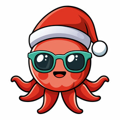 Vector Art Funny Cartoon Christmas Baby Octopus in Santa Hat and Sunglasses, Clipart on White Background