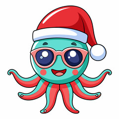 Vector Art Funny Cartoon Christmas Baby Octopus in Santa Hat and Sunglasses, Clipart on White Background
