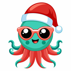 Vector Art Funny Cartoon Christmas Baby Octopus in Santa Hat and Sunglasses, Clipart on White Background
