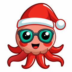 Vector Art Funny Cartoon Christmas Baby Octopus in Santa Hat and Sunglasses, Clipart on White Background