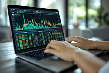 Fototapeta premium businesswoman using a laptop to analyze stock data and key performance indicators on a business analytics dashboard in a modern office setting.