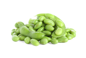 Raw green edamame soybeans and pods isolated on white