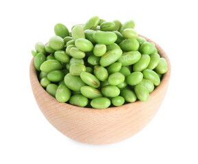 Raw green edamame soybeans in bowl isolated on white