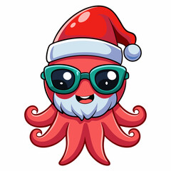Vector Art Funny Cartoon Christmas Baby Octopus in Santa Hat and Sunglasses, Clipart on White Background