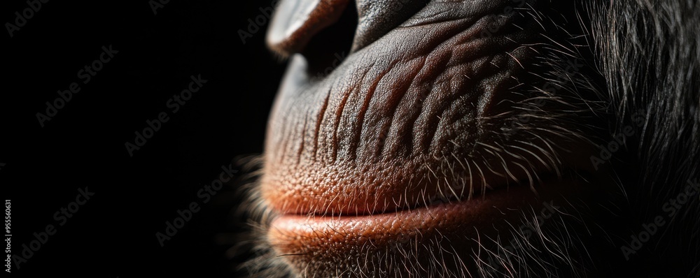 Poster macro shot of a monkey's nose and mouth highlighting fine details of wrinkles and texture