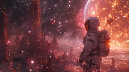 Fototapeta premium Astronaut Gazing at a Distant Cityscape on an Alien Planet