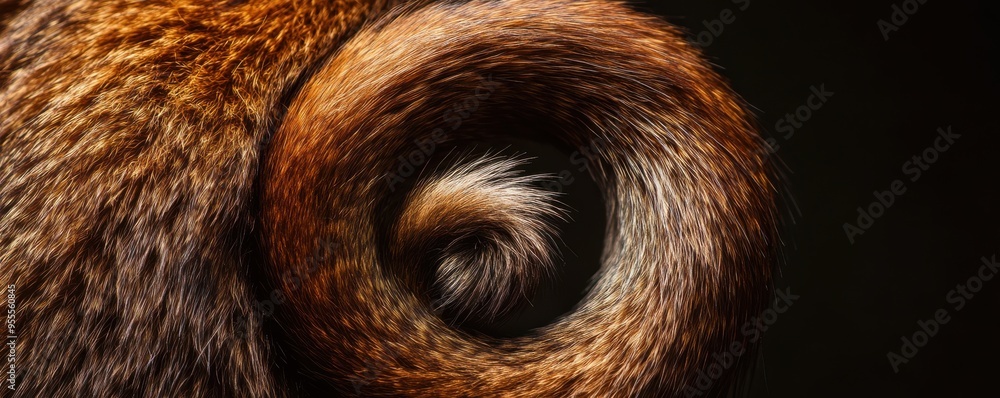 Poster macro shot of a monkey's tail curled in a spiral shape showing intricate textures of the fur against