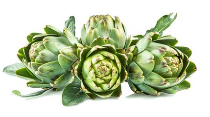 Fresh green artichokes beautifully arranged with leaves. Vibrant colors bring a natural touch to any kitchen or dining space. Ideal for culinary use or as decorative accents. AI