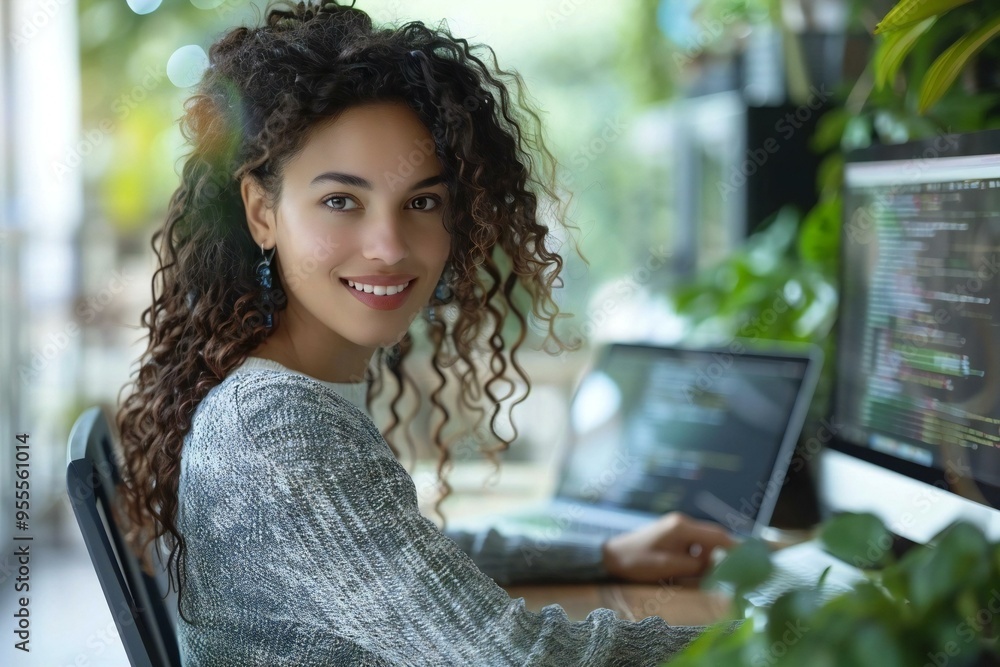 Poster young woman sitting at her desk with a laptop, smiling while coding on the computer screen.