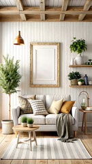 Cozy farmhouse living room interior, 3d render, white Mock up frame