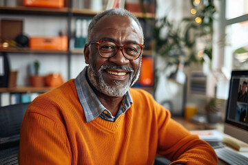 Fototapeta premium An African American man participating in an online video conference webinar from his home office.